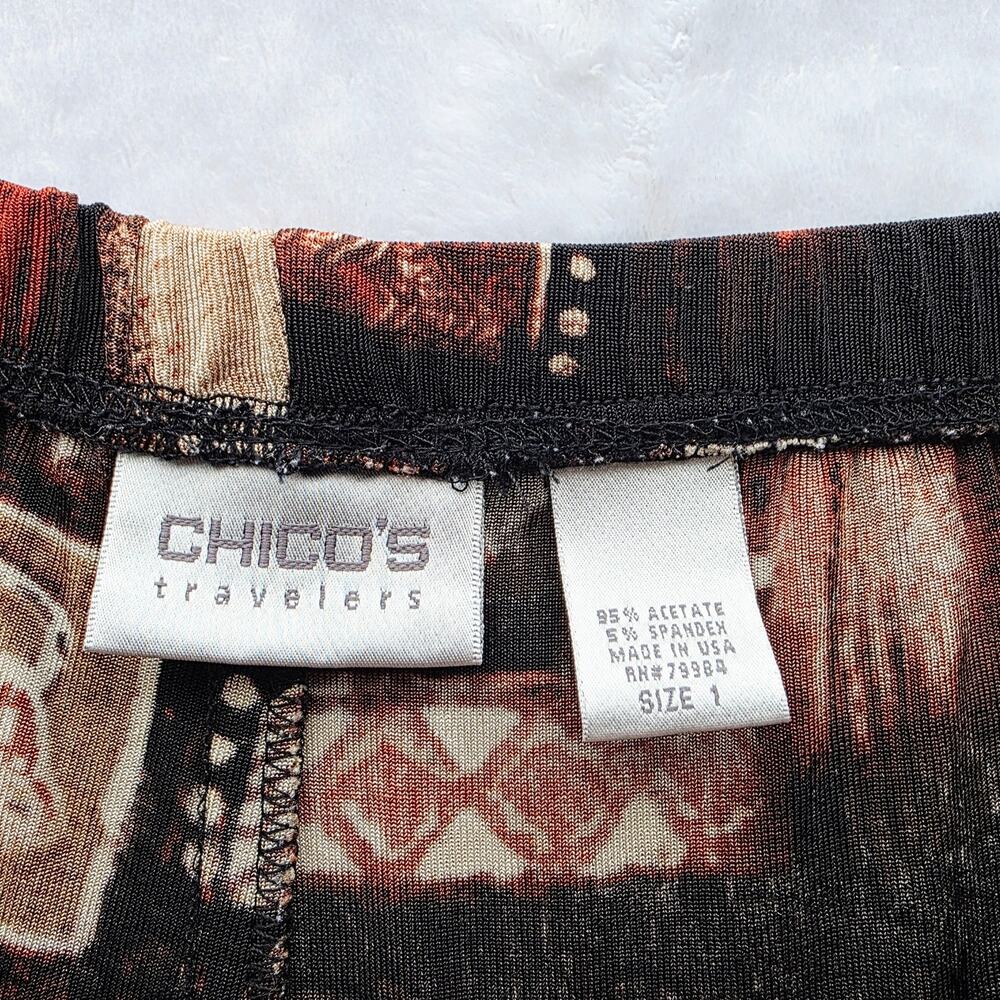 Chicos Travelers Pants Size 1 8 Medium Black Tribal African Safari Print Pull-On - Picture 10 of 14